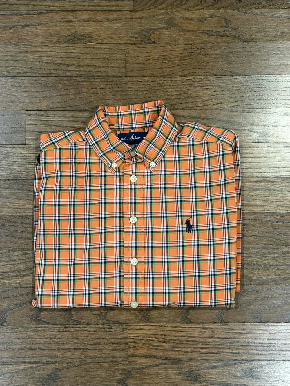 Ralph Lauren Orange Green Plaid Button-Down Kids Shirt 100% Cotton